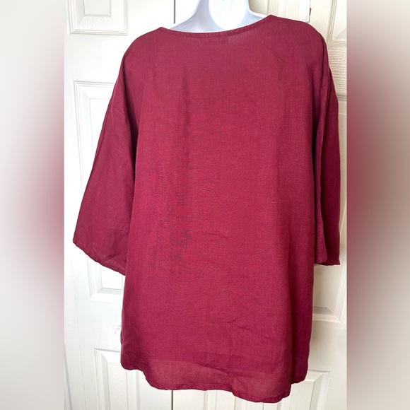 BRYN WALKER Judy Tunic Top Shirt Blouse 100% Linen Burgundy Kangaroo Pocket - Picture 4 of 14